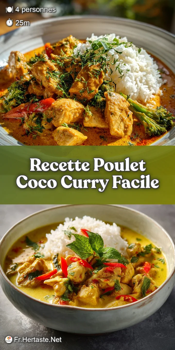 Close-up of creamy coconut curry chicken with bright yellow sauce. Succulent chicken pieces coated with visible spices, ar...