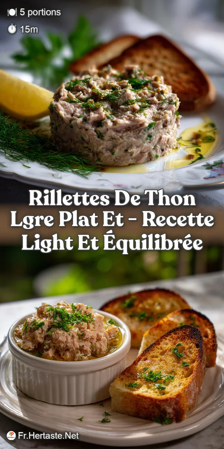 Flaky, pale tuna rillettes artfully swirled on a toasted baguette slice, garnished with fresh herbs and a drizzle of olive...