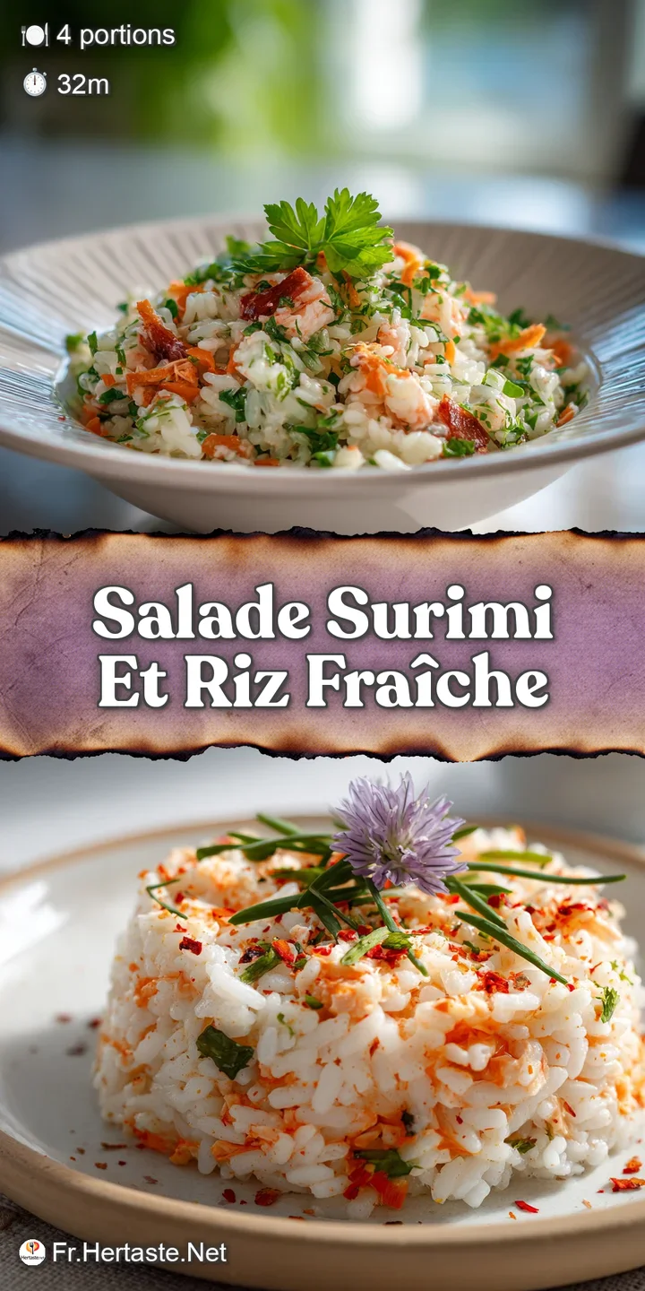 Close-up of creamy surimi salad: vibrant orange crab sticks and fluffy rice, mixed with mayonnaise and flecks of green her...