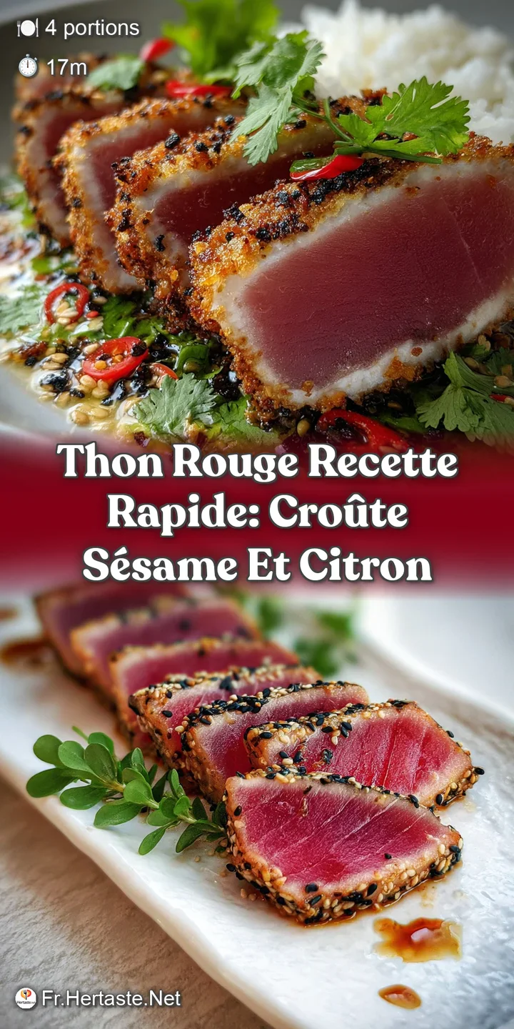Close-up reveals the rich, red hue of seared tuna with a crisp sesame seed crust and glistening droplets of citrus. Appeti...