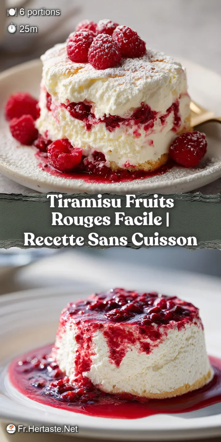 Close-up of tiramisu: juicy red berries contrast creamy white mascarpone, light brown ladyfingers & dark cocoa create a te...