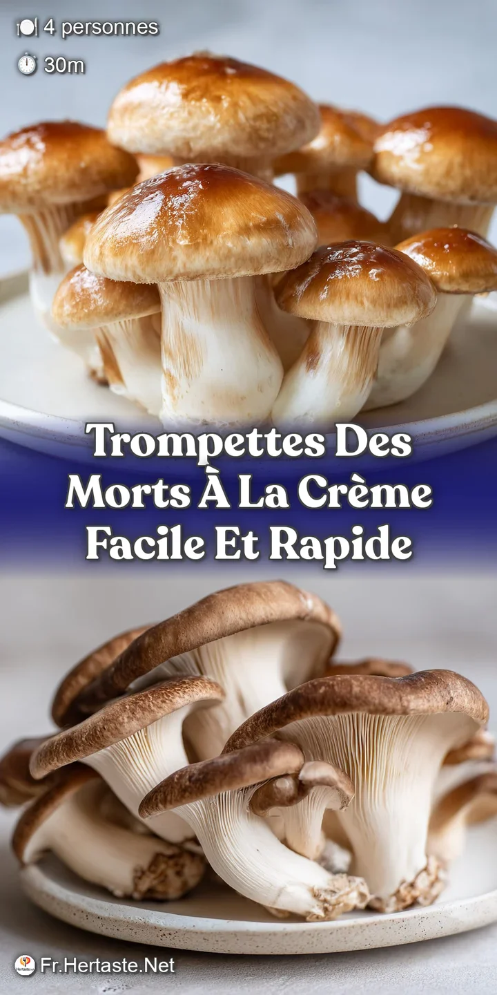 Close-up of delicate black trumpet mushrooms simmered in a luscious, ivory cream sauce, hinting at earthy and savory depths.