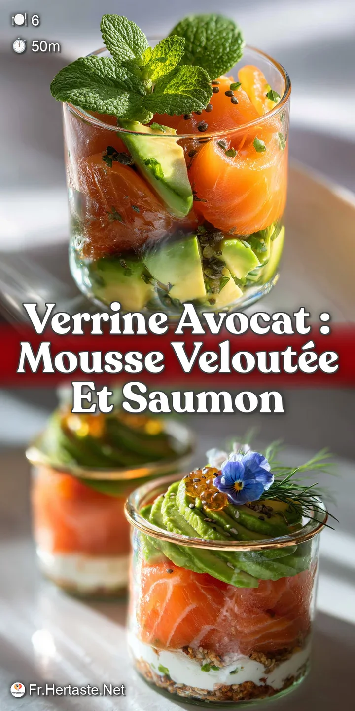 Close-up of a layered avocado verrine, highlighting the smooth mousse texture and vibrant salmon. Appetizing and fresh app...