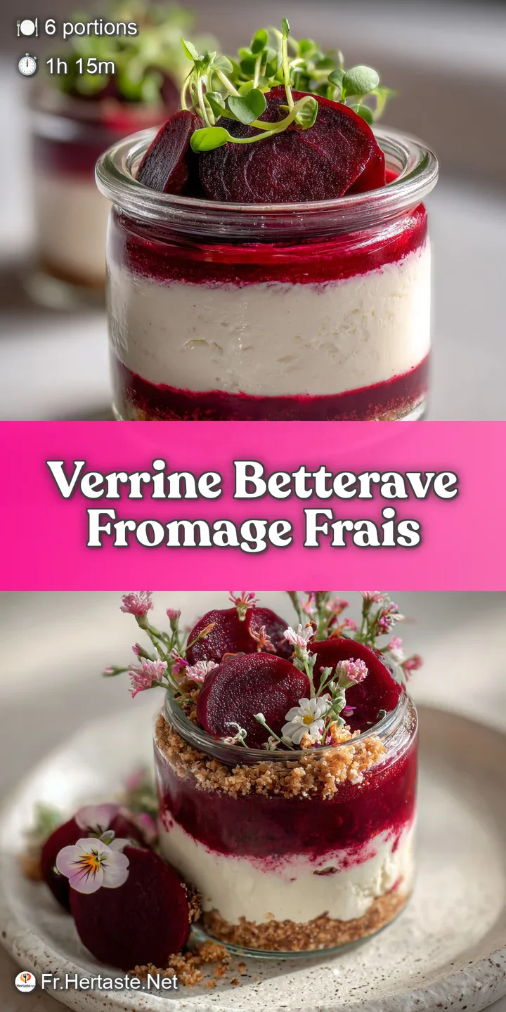 Close-up of a beet verrine reveals velvety beet layers, fluffy cheese, and a scattering of golden, toasted, chopped hazeln...