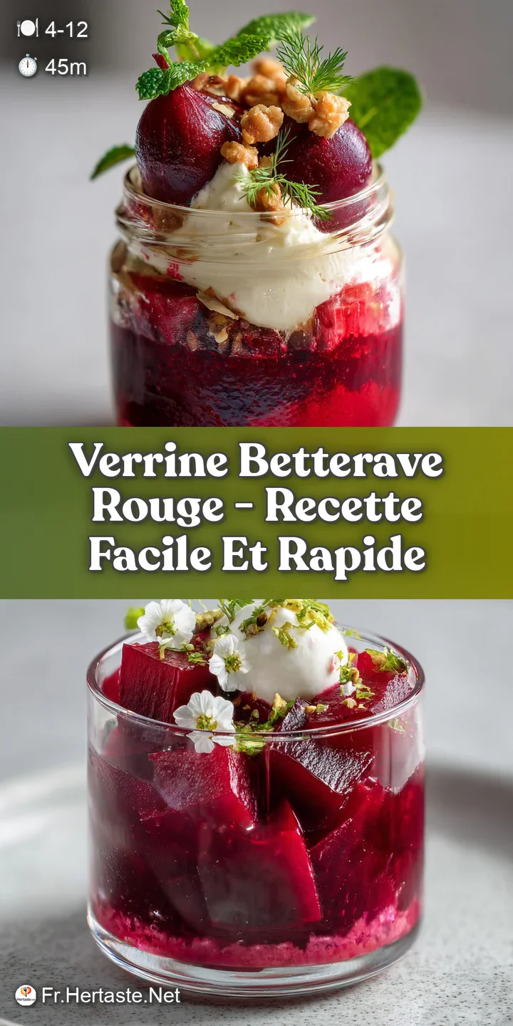Close-up of a beet verrine, showcasing vibrant ruby red beet layers, creamy white mousse, and a garnish of fresh, bright g...