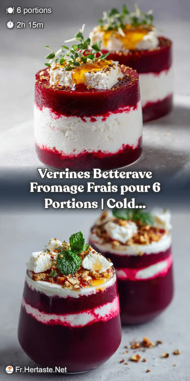 Close-up of beet verrine layers: earthy red beets contrasted with smooth, white cheese. Light catches the creamy texture b...