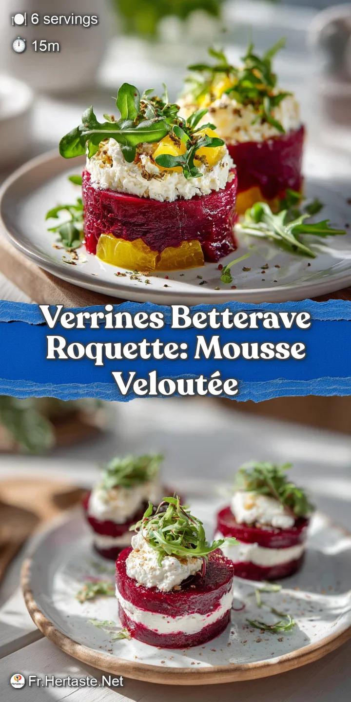 Close-up of a verrine reveals the textured layers of deep pink beetroot and fresh, leafy green arugula, with a creamy elem...