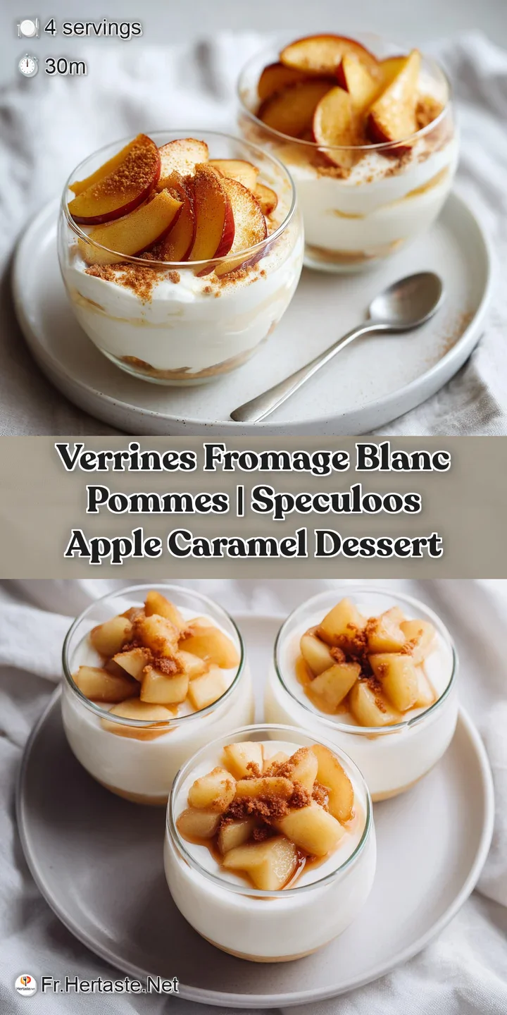 Close-up of soft, airy fromage blanc topped with rich, glossy caramelized apple chunks in a clear glass.