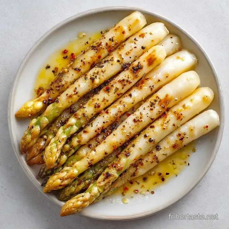 Asperges tendres blanc nacr&eacute; align&eacute;es avec soin sur une assiette blanche, napp&eacute;es d'un beurre fondu brillant.