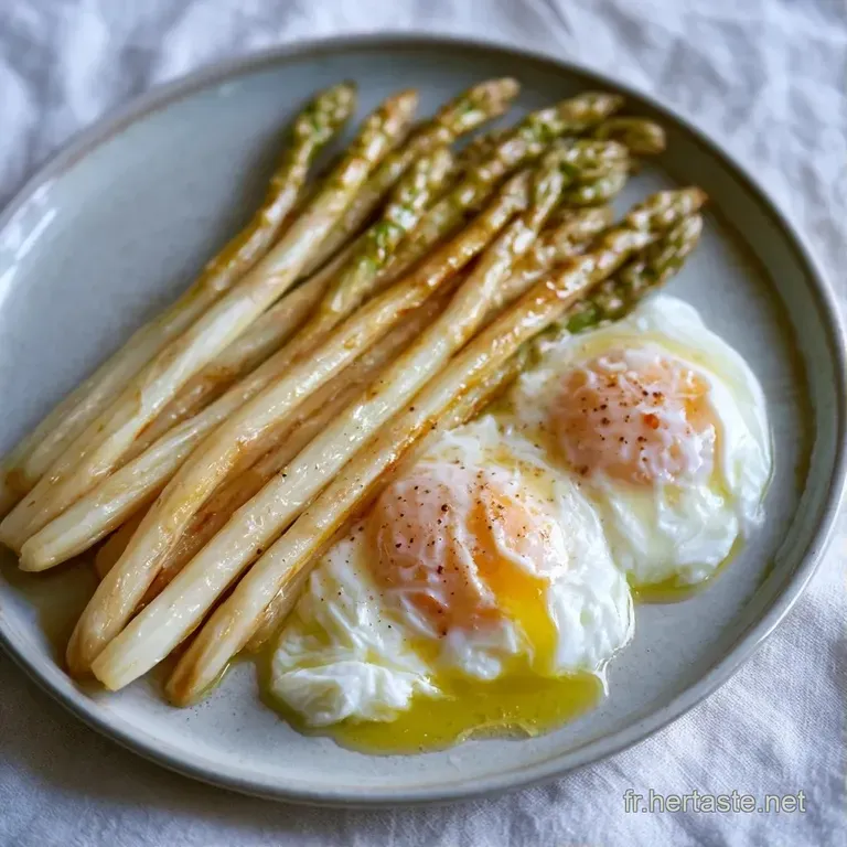 Asperges blanches align&eacute;es avec pr&eacute;cision, surmont&eacute;es d'un coulis onctueux et d'un tour de moulin &agrave; poivre noir.