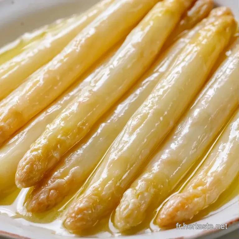Quatre tiges nacr&eacute;es align&eacute;es avec pr&eacute;cision, surmont&eacute;es d'un beurre fondu dor&eacute; et d'une touche de verdure &eacute;clatante.