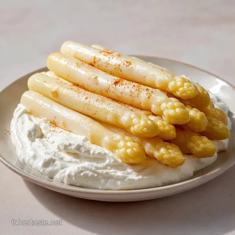 Tiges ivoire tendres dispos&eacute;es avec soin, napp&eacute;es d'une sauce onctueuse et brillante sur une porcelaine blanche pure.
