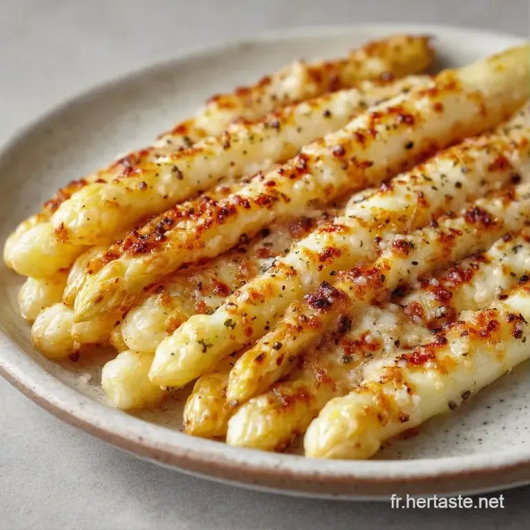 Asperges blanc cr&egrave;me align&eacute;es sur une assiette sombre, parsem&eacute;es de grains de sel et d'un filet d'huile brillante.