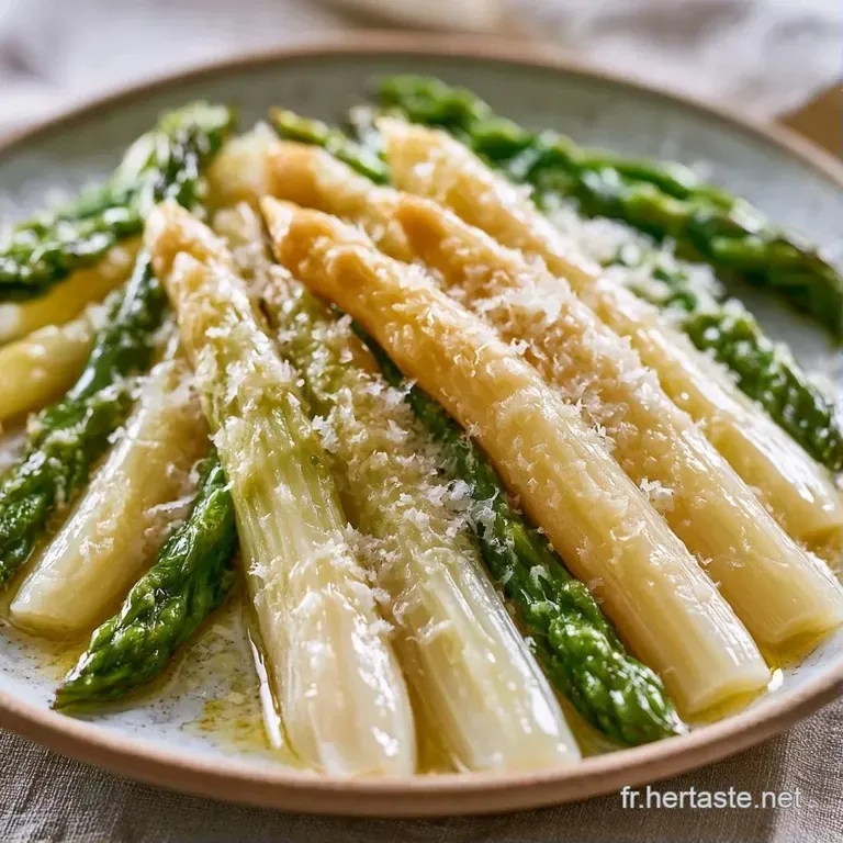 Asperges blanches tendres align&eacute;es avec soin sur une assiette blanche, surmont&eacute;es d'un beurre fondu brillant et dor&eacute;.