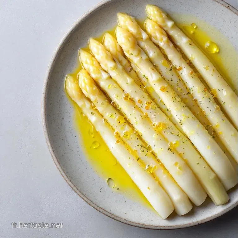 Lignes d'asperges p&acirc;les et tendres dispos&eacute;es avec soin, agr&eacute;ment&eacute;es de zestes de citron jaune vif sur fond blanc pur.