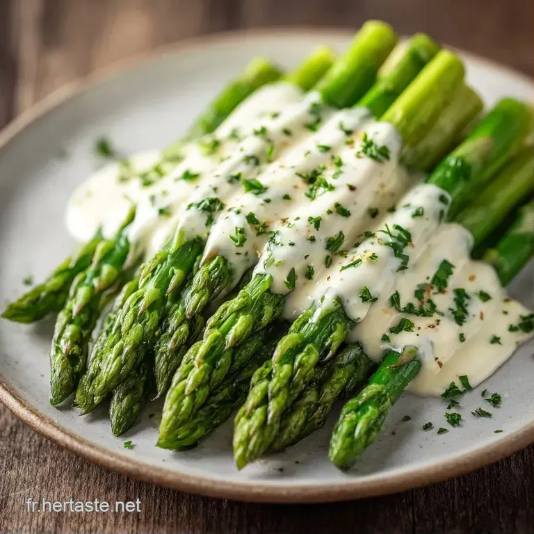 Asperges d'un blanc nacr&eacute; align&eacute;es avec soin sur une assiette blanche, d&eacute;cor&eacute;es de gouttes de sauce jaune p&acirc;le.