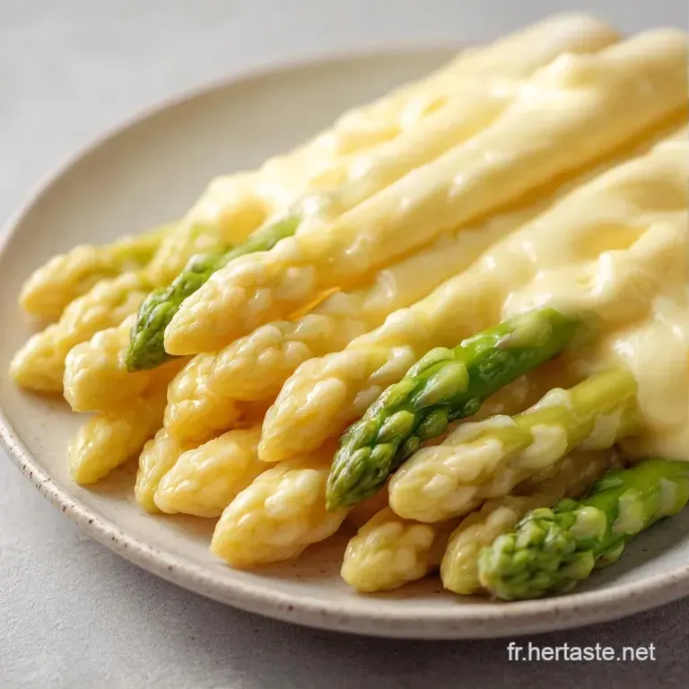 Asperges nacr&eacute;es dispos&eacute;es avec soin sur une assiette blanche, contrast&eacute;es par des points de sauce velout&eacute;e dor&eacute;e.