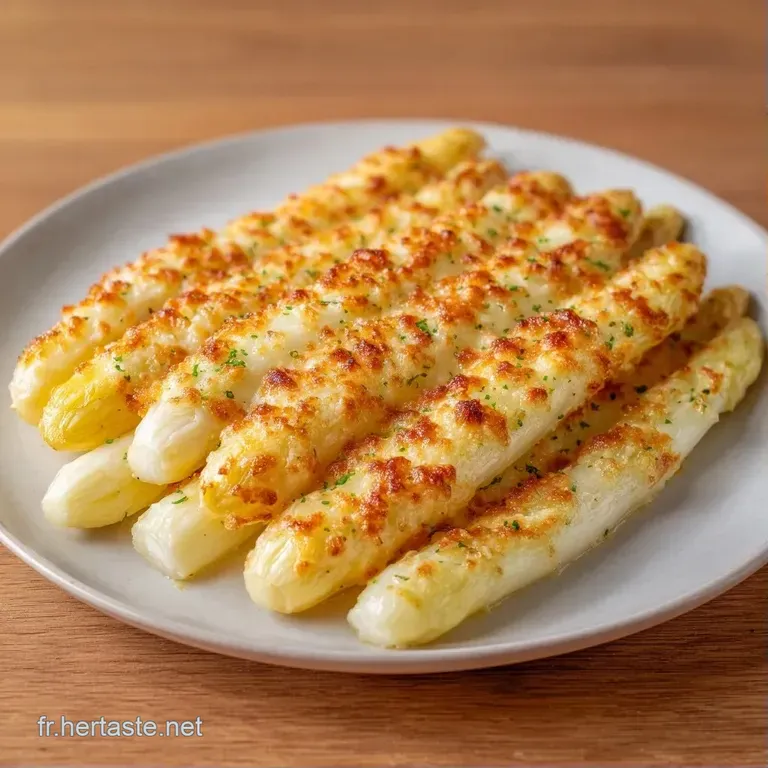 Asperges blanches align&eacute;es avec pr&eacute;cision, surmont&eacute;es d'une cro&ucirc;te grill&eacute;e ambr&eacute;e sur une assiette blanche &eacute;pur&eacute;e.