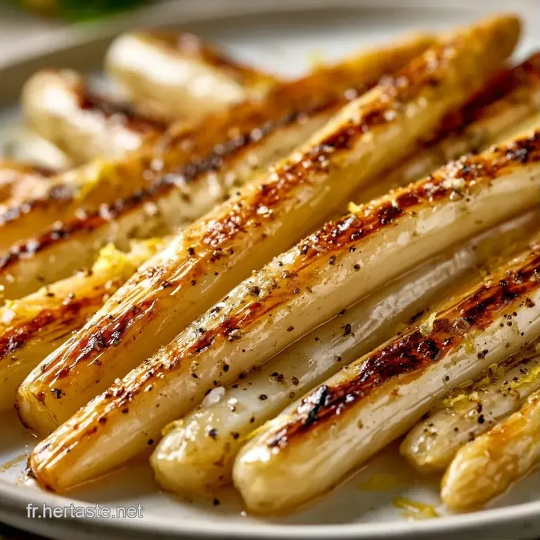 Quelques tiges d'asperges nacr&eacute;es sur une assiette sombre, napp&eacute;es d'un beurre fondu brillant et de ciboulette fra&icirc;che.