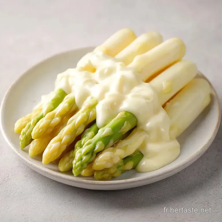 Asperges p&acirc;les align&eacute;es avec pr&eacute;cision, surmont&eacute;es de touches de cr&egrave;me lisse et d'un &eacute;clat de persil vert frais.