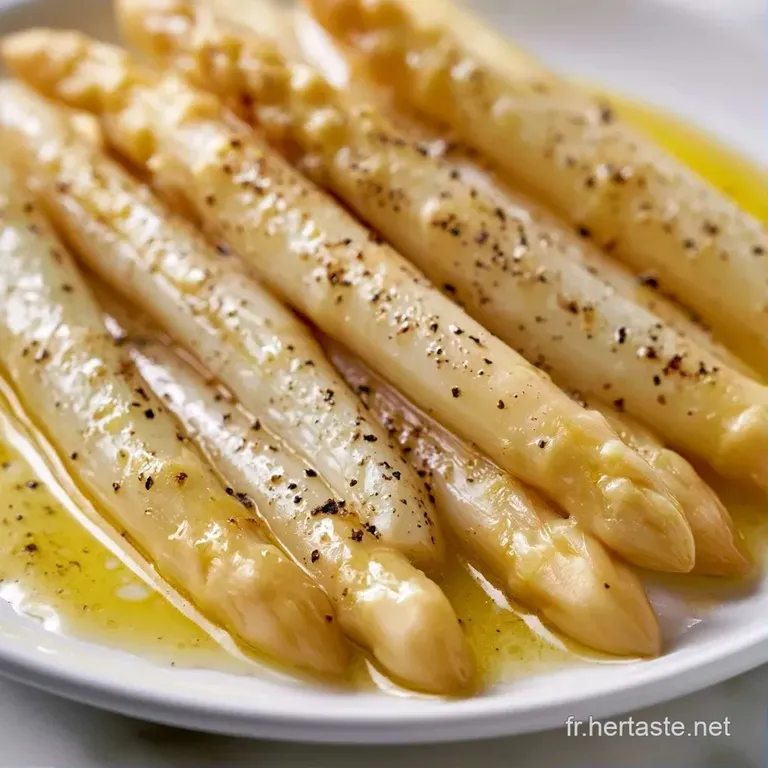 Asperges d'un blanc nacr&eacute; align&eacute;es avec soin sur une assiette blanche, d&eacute;cor&eacute;es d'un filet de sauce dor&eacute;e et onctueuse.