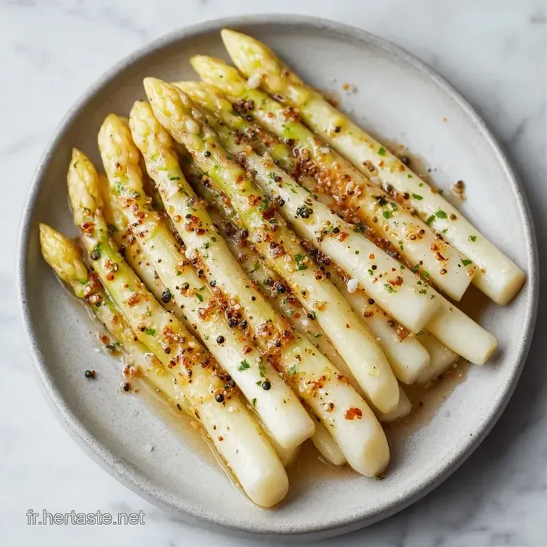 Alignement &eacute;l&eacute;gant de pointes d'asperges nacr&eacute;es, napp&eacute;es de beurre fondu et parsem&eacute;es de fines herbes vertes fra&icirc;ches.