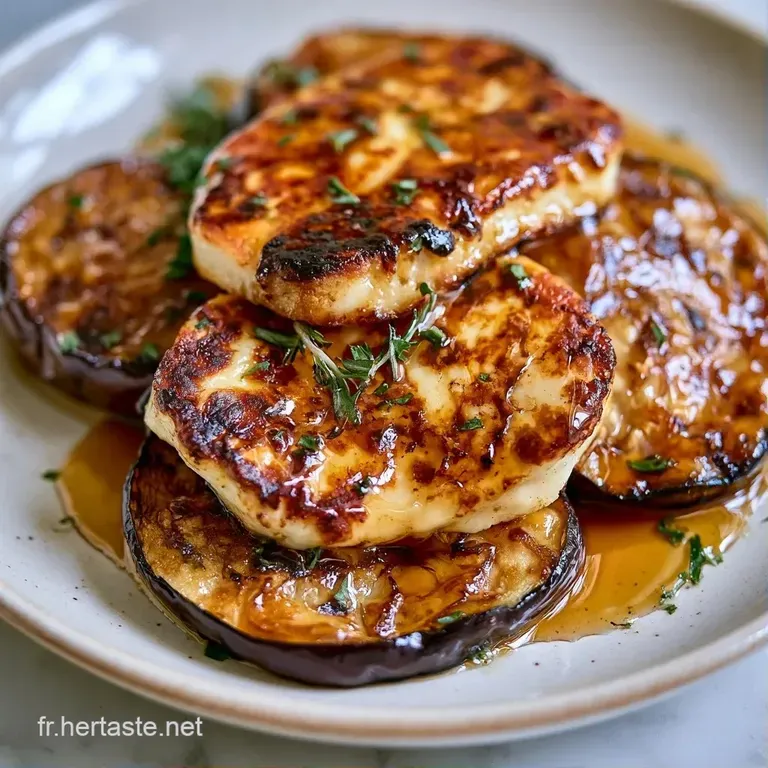 Tranches d'aubergines violettes et fromage dor&eacute; dispos&eacute;es avec soin sur une assiette blanche, fini miel caram&eacute;lis&eacute;.