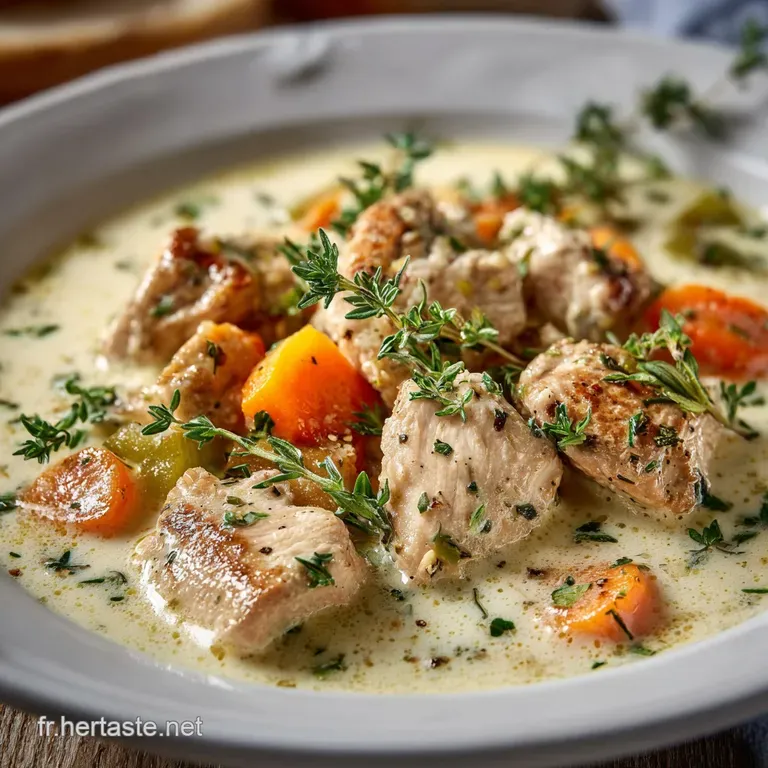 Elegant plate of tender turkey blanquette; glistening sauce coats the meat and vegetables. A simple, comforting French cla...