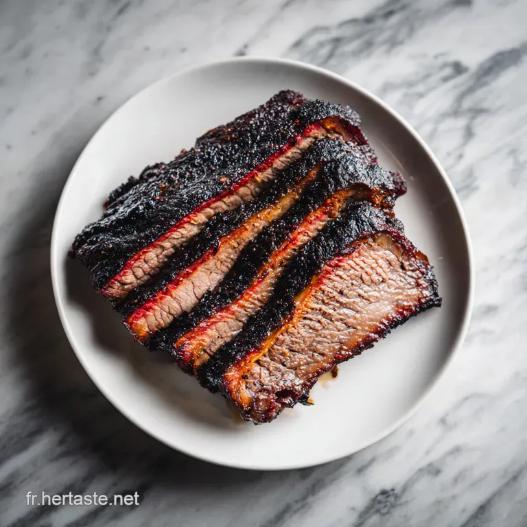 Tender beef BBQ elegantly plated, juicy and richly colored, resting on creamy polenta, drizzled with vibrant green herb sa...