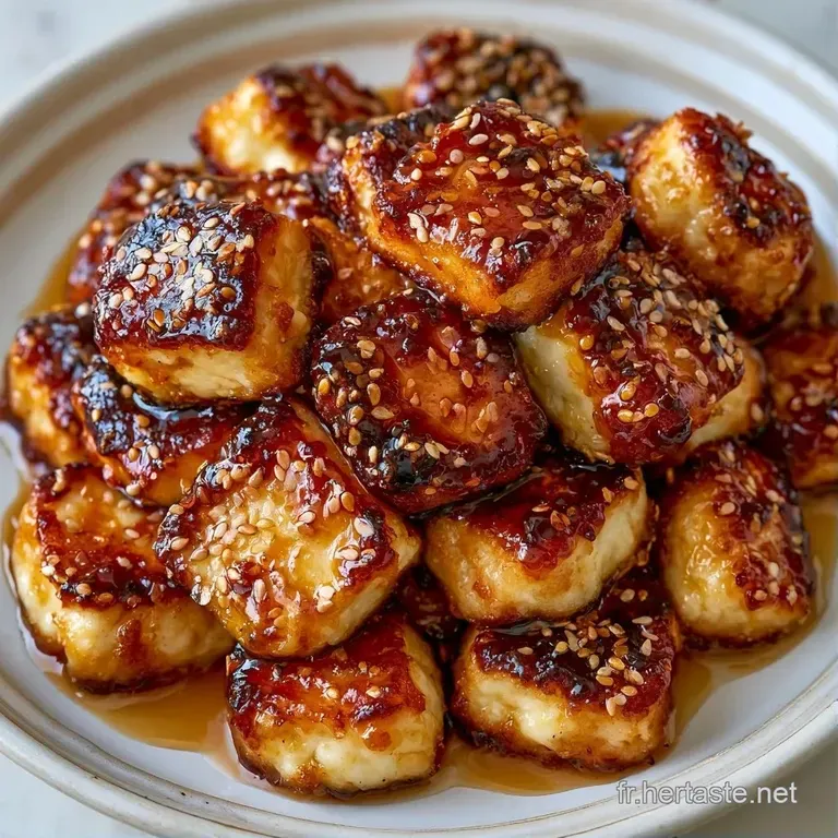 Petits cubes grill&eacute;s d'un brun dor&eacute;, parsem&eacute;s de s&eacute;same et d'herbes vertes sur un plateau minimaliste en c&eacute;ramique.