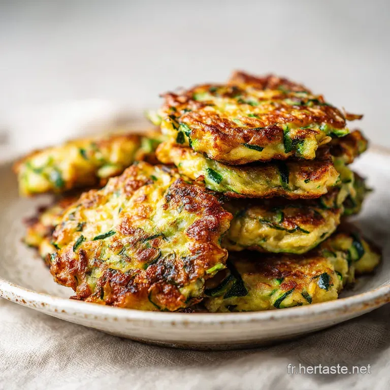 A neat stack of crisp zucchini fritters, garnished with fresh dill and a dollop of creamy sauce.