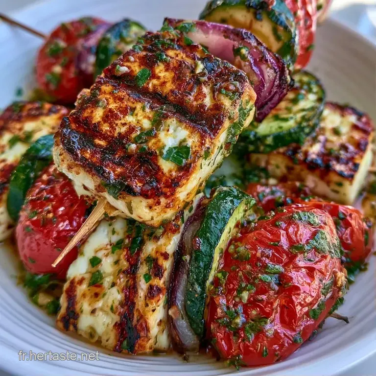 Brochettes color&eacute;es dress&eacute;es avec soin sur porcelaine blanche, agr&eacute;ment&eacute;es d'un filet d'huile et d'herbes vertes.