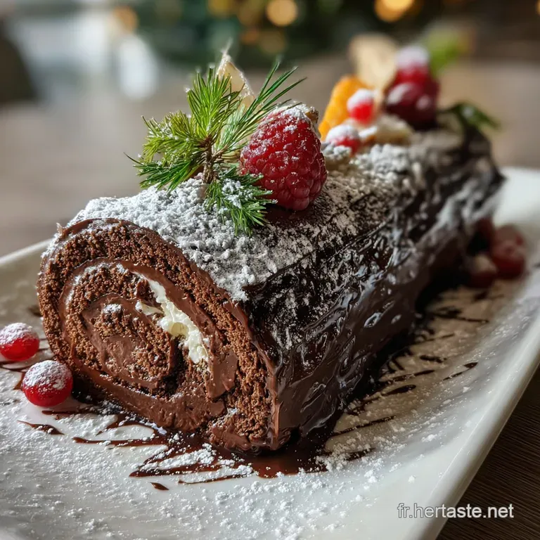Slice of dark chocolate yule log with a dusting of cocoa, nestled on a plate with chocolate shavings and a berry garnish.