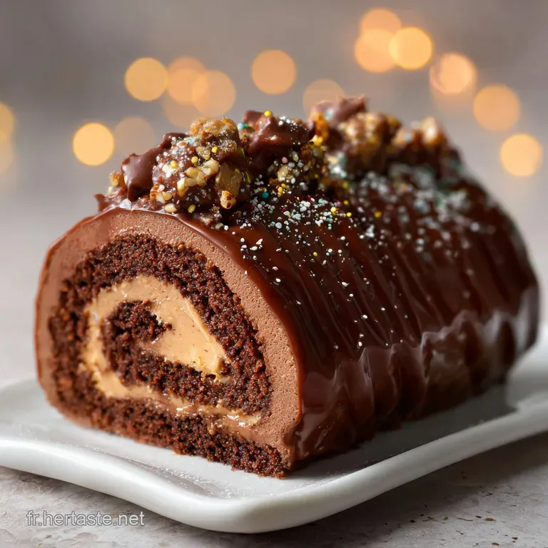 Slice of B&ucirc;che de No&euml;l on a white plate, chocolate frosting swirled, adorned with a sprig of rosemary and dusting of cocoa.
