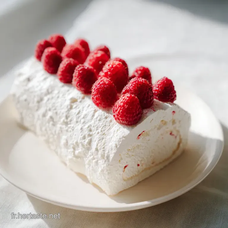 Une tranche de dessert onctueux blanc et rouge pos&eacute;e sur une assiette blanche, d&eacute;cor&eacute;e d'un coulis fluide et brillant.