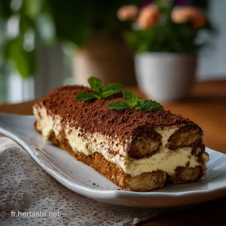 A single slice of B&ucirc;che Tiramisu on a white plate, revealing layers of light biscuit and rich, creamy filling; a delightfu...