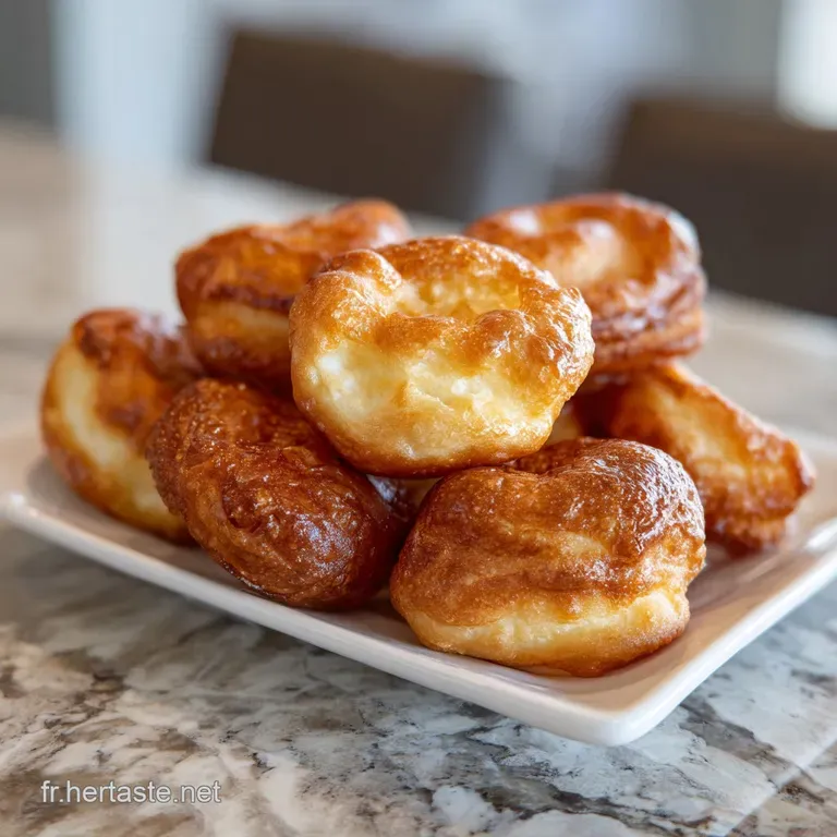 A stack of light gold bugnes on a white plate, generously dusted with icing sugar. The soft folds suggest a tender bite.