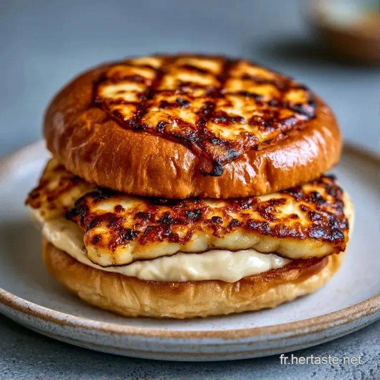 Un burger gourmand pos&eacute; sur une assiette blanche, accompagn&eacute; de salade fra&icirc;che et d'un pain brioch&eacute; bien dor&eacute;.