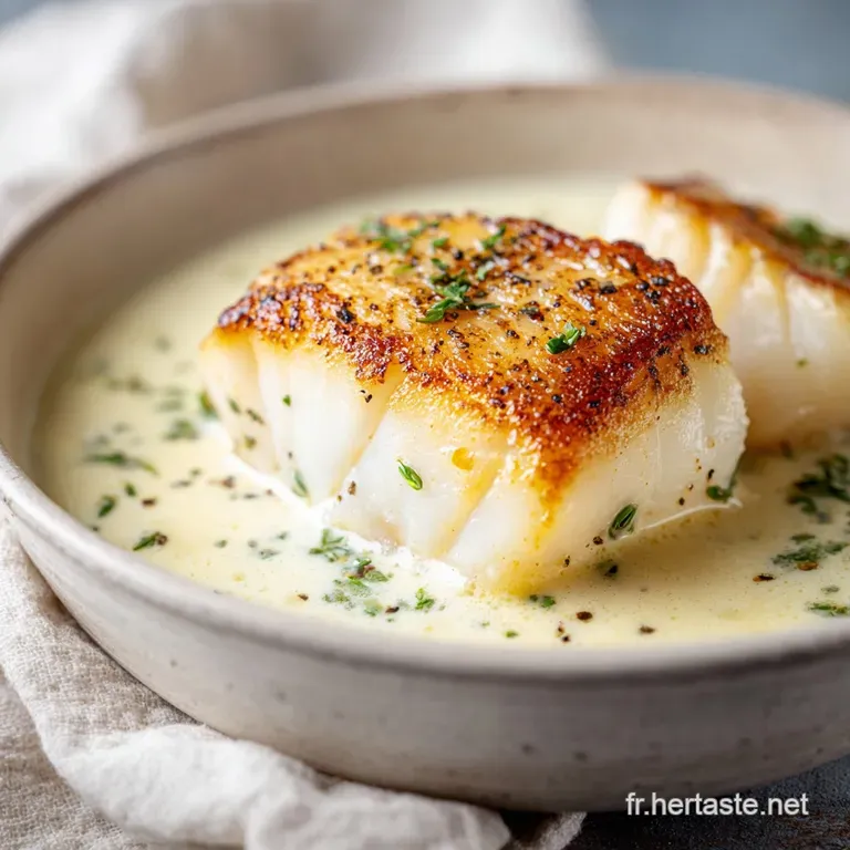 Filets blancs nacr&eacute;s surmont&eacute;s d'un gratin&eacute; ambr&eacute;, dress&eacute;s avec soin avec un quartier de citron frais et du persil.
