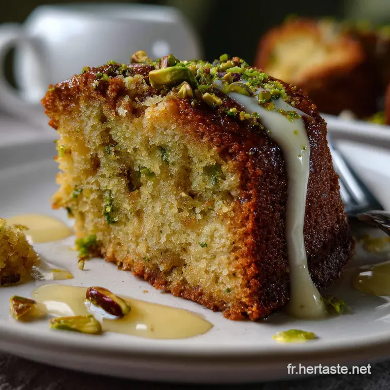 Slice of moist pistachio cake on a small plate, scattered pistachio pieces, powdered sugar dusting. Delicious, simple cake.