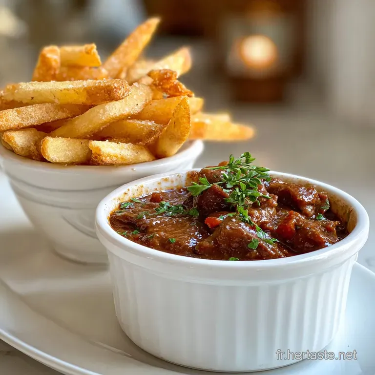 Braised beef glistening in a deep sauce, plated artfully with parsley sprigs and perfectly crisp, golden frites.
