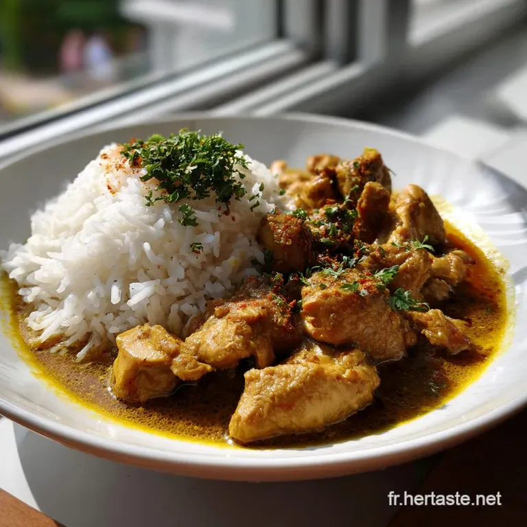 Tender chicken pieces in a vibrant, spiced sauce with fluffy rice and a scattering of fresh herbs, beautifully plated.