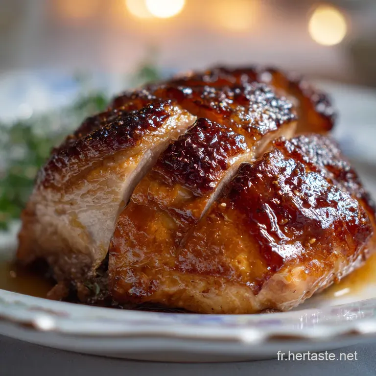 Tender capon slice, succulent and moist, elegantly plated with vibrant vegetables, a sprig of herbs, and a drizzle of rich...