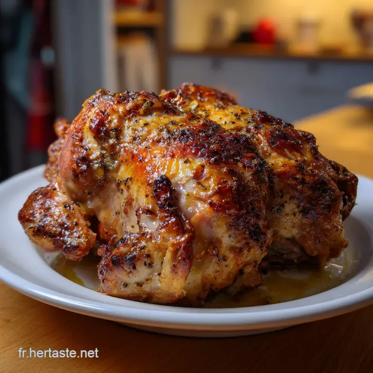 Elegant plate featuring a slice of tender capon, alongside a quenelle of creamy potato gratin and delicate sprigs of rosem...