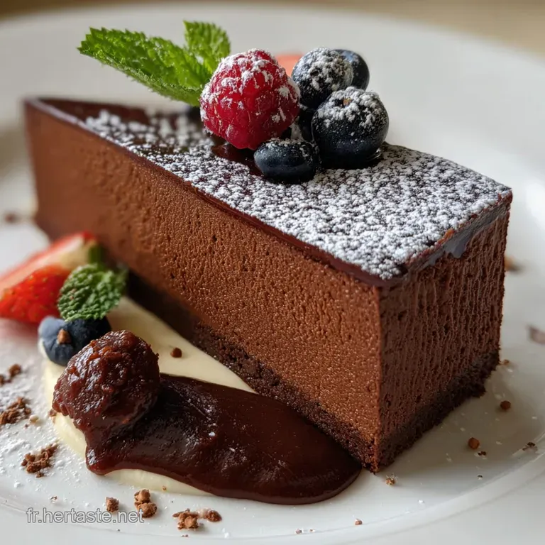 Elegant slice of chocolate charlotte showcasing the mousse's airy texture and the ladyfingers' delicate, patterned exterior.