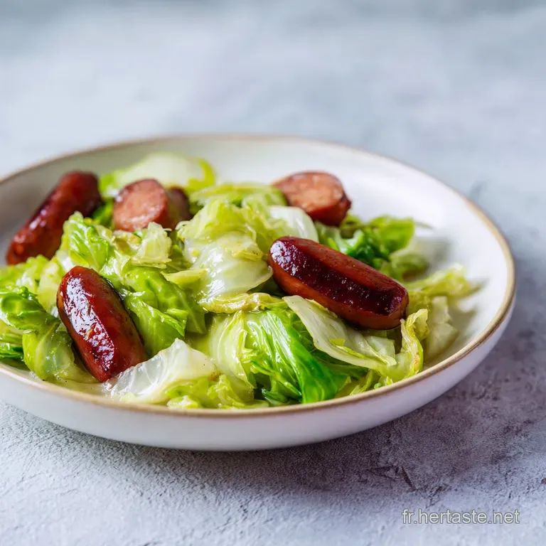 Disposition soign&eacute;e de chou brais&eacute; translucide et fondant, entourant des saucisses grill&eacute;es sur une assiette blanche.
