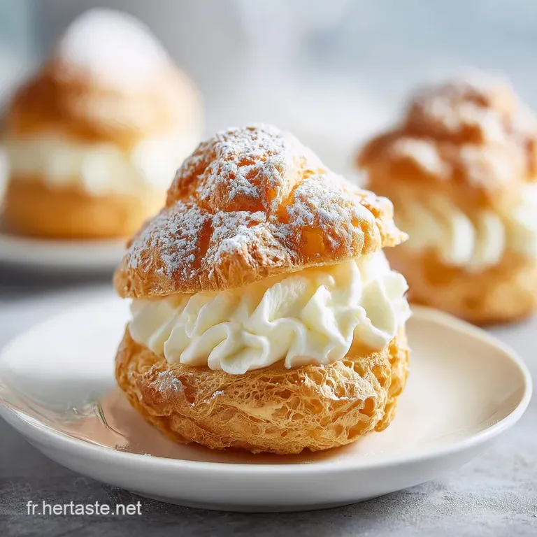 Elegant tower of cream-filled choux, drizzled with chocolate, atop a white plate. A delicate, delicious French pastry disp...