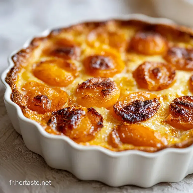 Elegant slice of apricot clafoutis on a white plate, showing the tender custard texture and caramelized apricot edges. Pow...