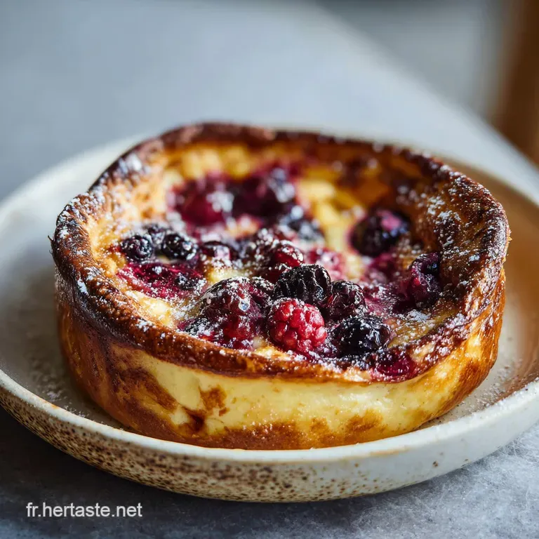 Slice of warm clafoutis on a plate, cherries glistening. Sprinkled powdered sugar catches the light, promising sweet indul...