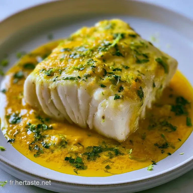 Morceau de poisson nacr&eacute; pos&eacute; sur un lit de riz, napp&eacute; d'une cr&egrave;me safran&eacute;e et d&eacute;cor&eacute; de feuilles de coriandre verte.